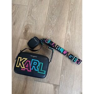 Karl Lagerfeld Paris‎ Black Crossbody Bag Colorful Logo Strap Coin Purse